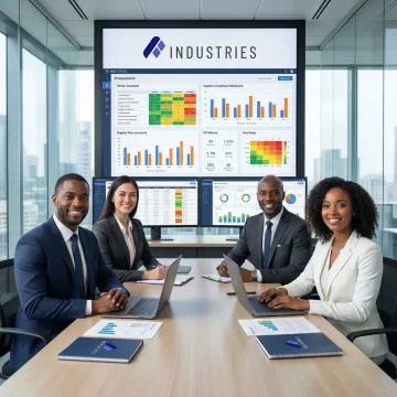 Enterprise procurement team reviewing vendor performance dashboards on large monitors