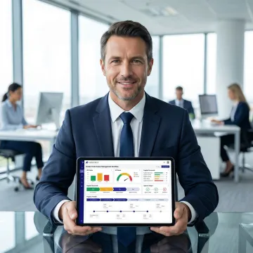 Procurement manager reviewing automated vendor performance workflow steps on a tablet