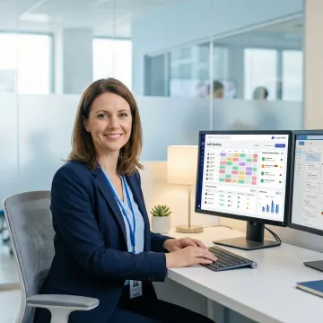Healthcare staffing coordinator reviewing automated shift schedule on a dashboard screen