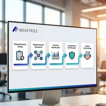 Five-step recruitment automation workflow diagram showing AI screening to onboarding process