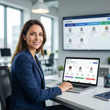 Recruiter reviewing AI-generated candidate shortlist on a laptop with ATS open