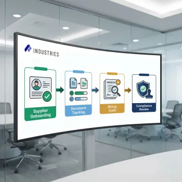 Procurement automation workflow diagram showing AI-driven supplier onboarding and compliance steps