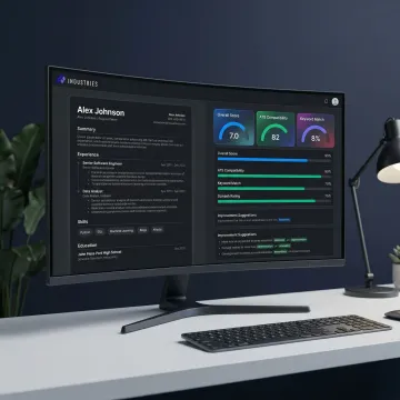 Step-by-step AI resume review process shown on a computer screen with feedback highlights
