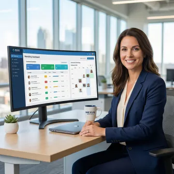 AI recruiting software dashboard showing candidate screening and interview scheduling in a modern office