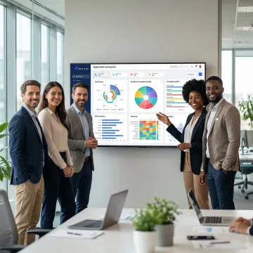Enterprise team reviewing AI-powered skills assessment dashboard on large monitor