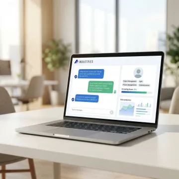 AI-powered recruiting chatbot interface engaging a candidate on a laptop screen in a modern office setting