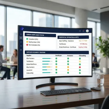 Staffing compliance dashboard showing automated vendor document tracking and credential alerts