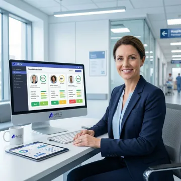 AI-powered healthcare staffing platform dashboard showing candidate screening and credential tracking