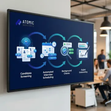 AI recruiting automation workflow showing candidate screening, interview scheduling, and onboarding steps.