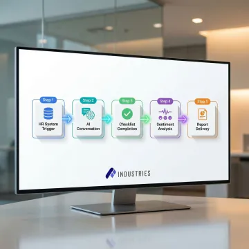 Diagram showing the five-step AI exit interview process from trigger to HRIS reporting