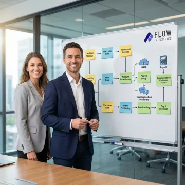 Implementation consultant and HR manager reviewing an onboarding automation workflow diagram on a whiteboard