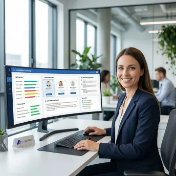 AI-powered candidate assessment platform showing skill scores and ranked candidate shortlists on a dashboard screen