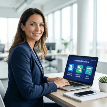 Step-by-step AI candidate assessment workflow shown on a recruiter's screen with scoring and interview stages
