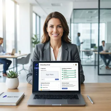 HR professional reviewing automated onboarding documents on a laptop with digital signatures and workflow dashboards visible.