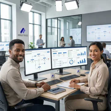 Implementation team configuring an AI-driven HR document automation workflow on multiple screens.