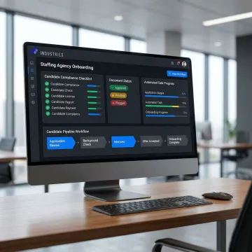 AI-powered onboarding software dashboard for staffing agencies showing candidate progress and compliance status
