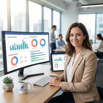 HR professional reviewing automated exit interview insights on a dashboard