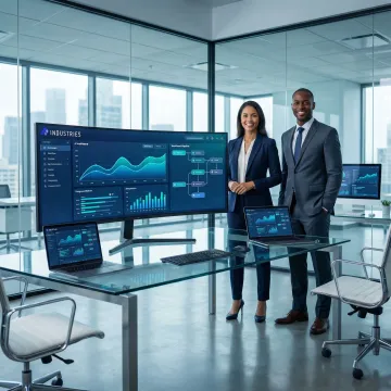 Enterprise team reviewing intelligent automation dashboards on large monitors in a modern office