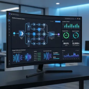 AI orchestration platform dashboard showing automated business process workflows and real-time analytics