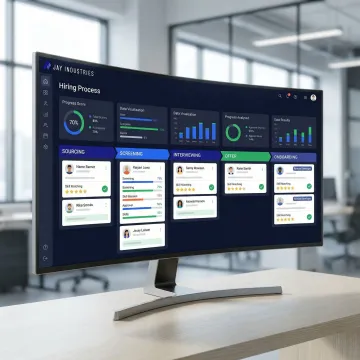 Step-by-step AI developer hiring process shown on a digital workflow dashboard