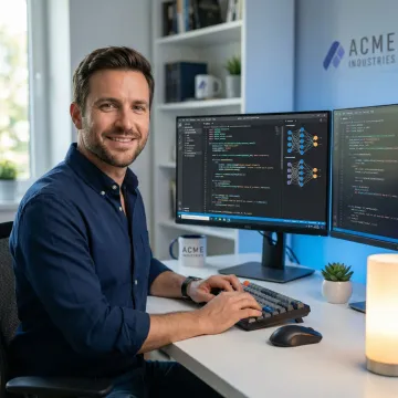 Vetted remote AI developer working on a laptop in a modern home office setup