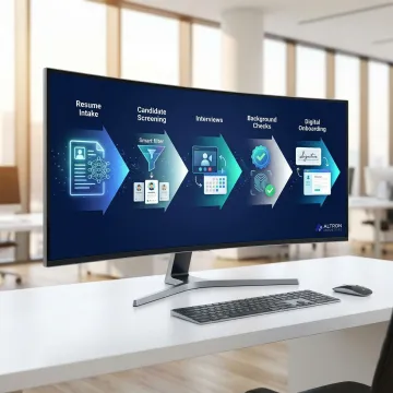 Step-by-step AI recruiting workflow showing automated screening and onboarding process