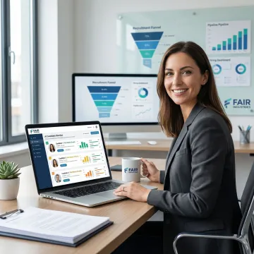 Recruiter reviewing AI-generated candidate shortlist on a laptop with hiring funnel data visible