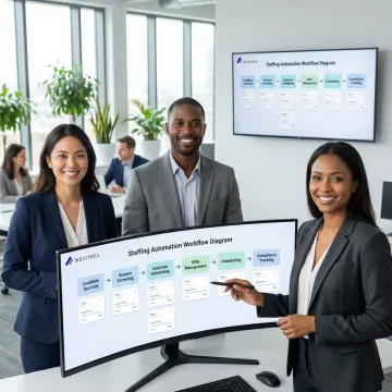 Assembly Industries implementation team reviewing staffing automation workflow steps on a collaborative dashboard