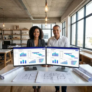 Architecture firm team using project staffing software on a large screen in a modern studio