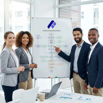 HR automation implementation team reviewing a multi-step workflow diagram on a whiteboard