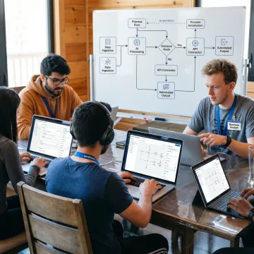 Implementation team configuring an AI workflow automation platform on laptops in a collaborative workspace