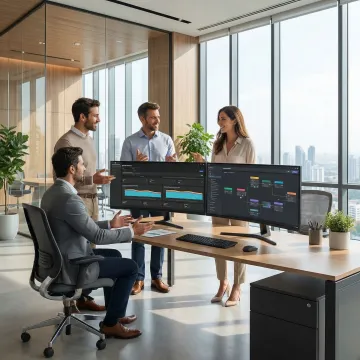 Enterprise team reviewing automated workflow dashboards on multiple screens in a modern office setting
