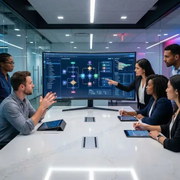 AI development team reviewing workflow automation implementation steps on a screen