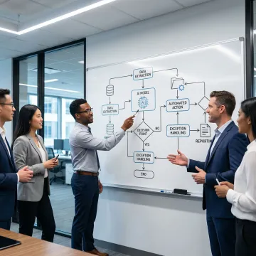 Implementation team collaborating on an AI automation workflow diagram on a whiteboard