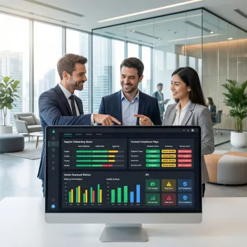 AI-powered procurement automation dashboard showing supplier onboarding and contract compliance monitoring