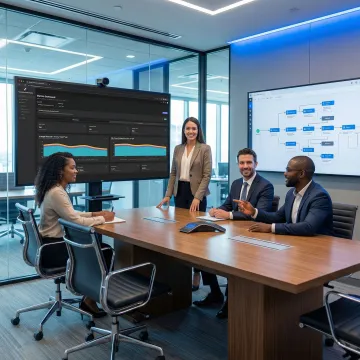 Enterprise automation implementation team reviewing AI workflow deployment steps on a large monitor