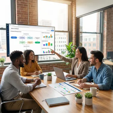Implementation team reviewing an AI workflow automation process diagram on a whiteboard
