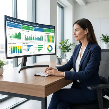 Enterprise procurement team reviewing AI-generated vendor scorecard and compliance dashboard