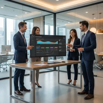 Enterprise team reviewing intelligent process automation dashboard on large screen