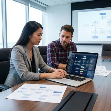 Consultant and enterprise client reviewing an AI automation process workflow diagram