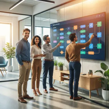 Assembly Industries automation implementation team reviewing workflow orchestration process on screens