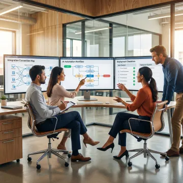 Implementation team configuring AI workflow automation process steps on a shared enterprise platform