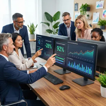 Expert team reviewing AI automation workflow outcomes on enterprise platform