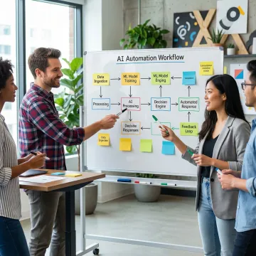 AI automation consulting team mapping enterprise workflow process steps on a whiteboard