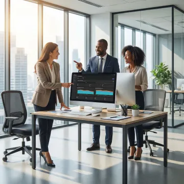 HR professionals reviewing automated workflow dashboards in a modern Omaha office