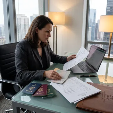 International tax accountant reviewing cross-border financial documents