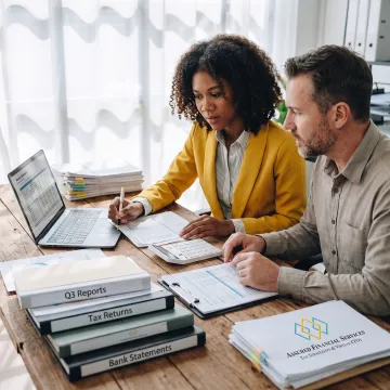 Small business owner reviewing tax documents with an accountant