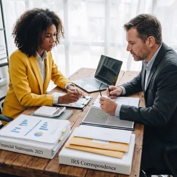 Financial advisor reviewing tax documents with a client