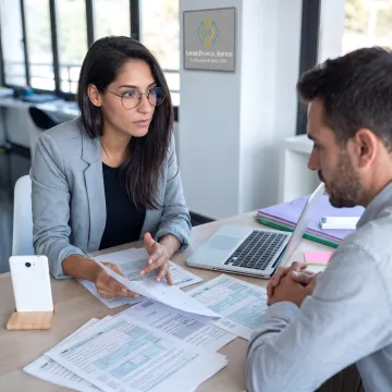 Tax professional reviewing IRS documents with a client