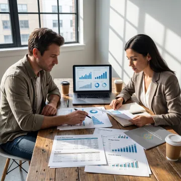 Startup founder reviewing financial forecasts with a CFO advisor